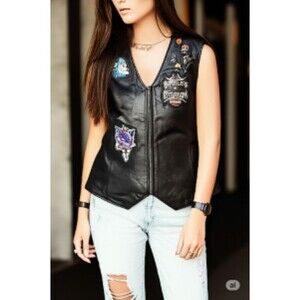 USA Bike Apparel Womens Leather Harley Vest Size XL Patches-Pins Battle Vest